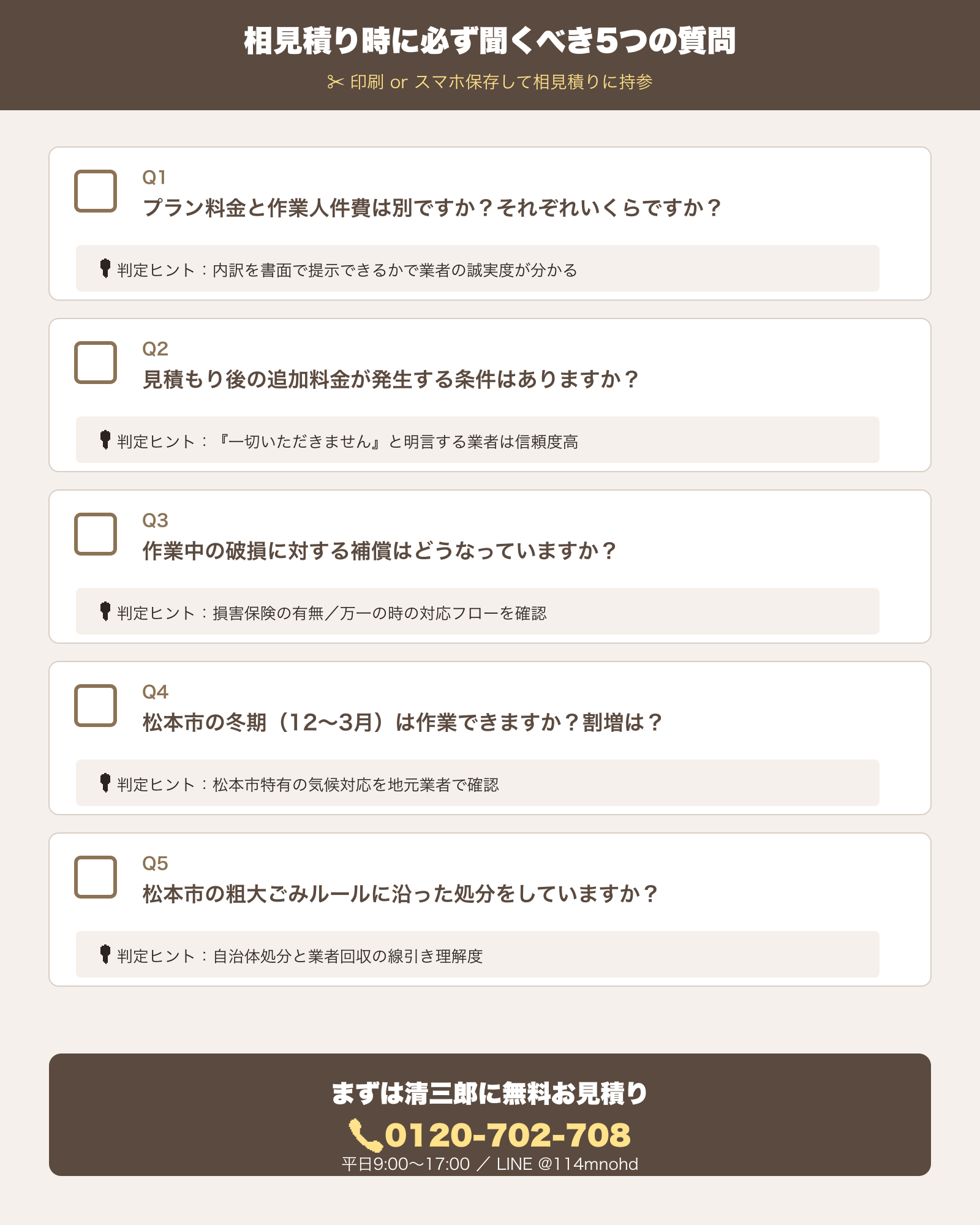 松本市の遺品整理で相見積もり時に必ず聞く5つの質問（追加料金・処分先・損害保険・キャンセル料・作業員数）のフロー図