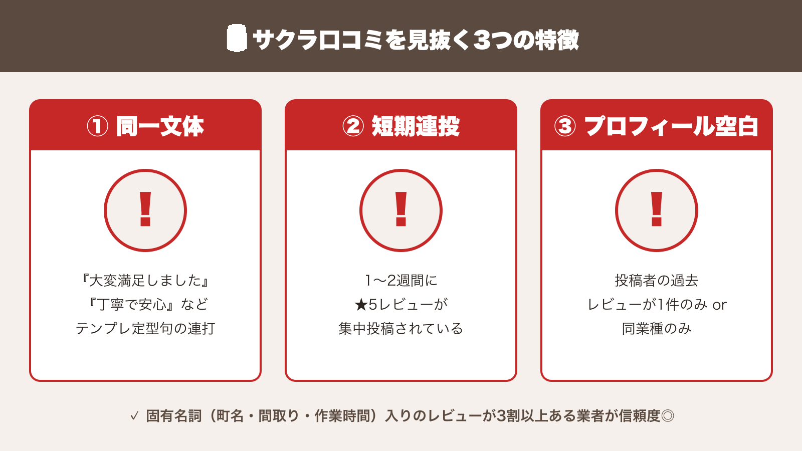 松本市の遺品整理口コミで『サクラ』を見抜く3つのサイン（短期集中投稿・写真なし・★5ばかり）の図解