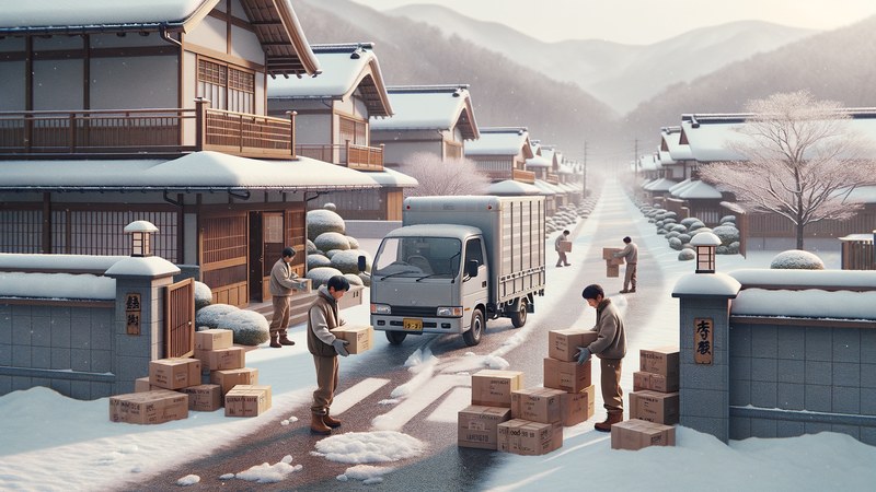 松本市の冬景色を背景に遺品整理作業を進めるスタッフ。雪道の搬出難度を示す写真