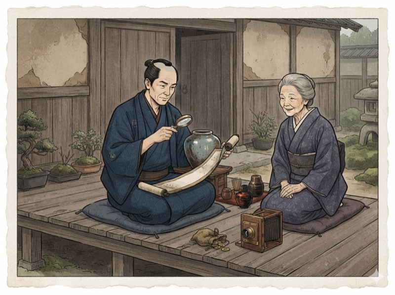 蔵の前で骨董品を丁寧に査定する商人(浮世絵風イラスト)