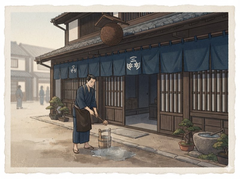 三ツ星の暖簾がかかる店構え(浮世絵風イラスト)