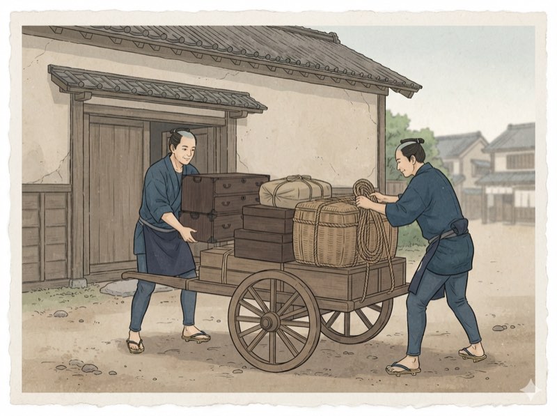 荷車へ家財を丁寧に積み込む職人(浮世絵風イラスト)