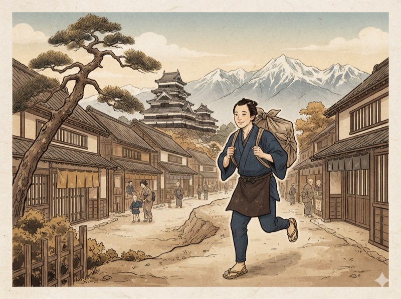 地域密着 — 松本の町へ駆けつける職人（浮世絵風イラスト）