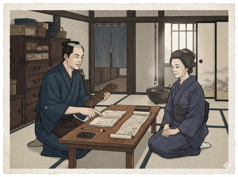 明朗会計 — 帳場で丁寧に説明する商人(浮世絵風イラスト)