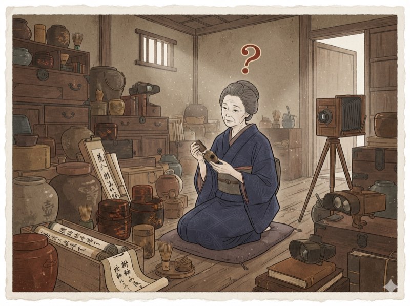 遺品がありすぎて価値がわからない（浮世絵風イラスト）