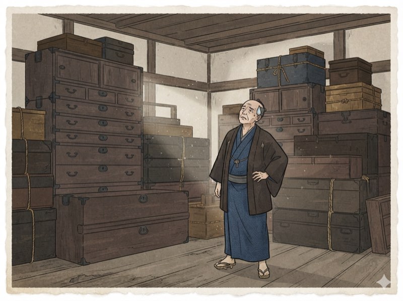 大量の家具・残置物(浮世絵風イラスト)