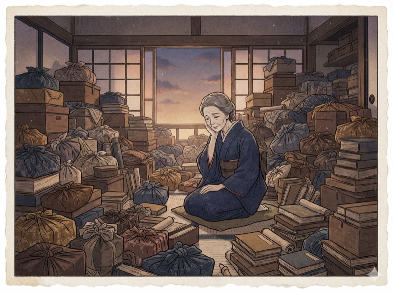 物があり過ぎて大変(浮世絵風イラスト)